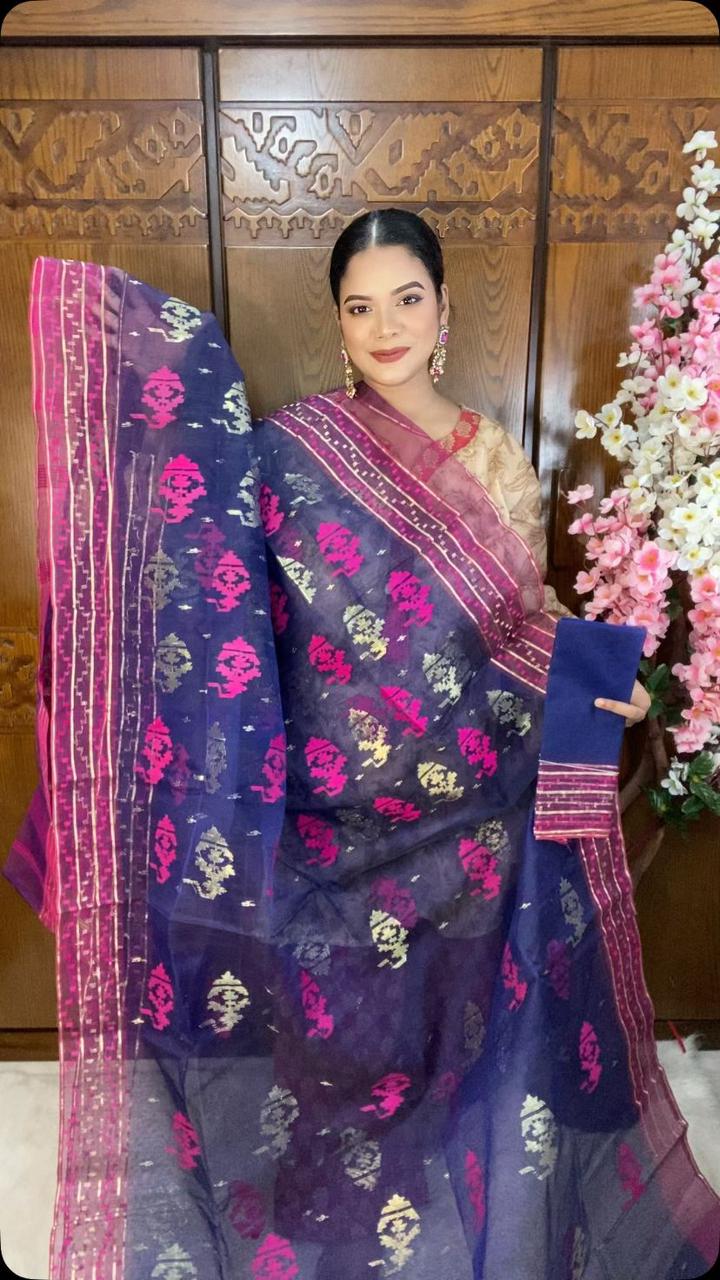 Indigo Jamdani Saree 80 Count