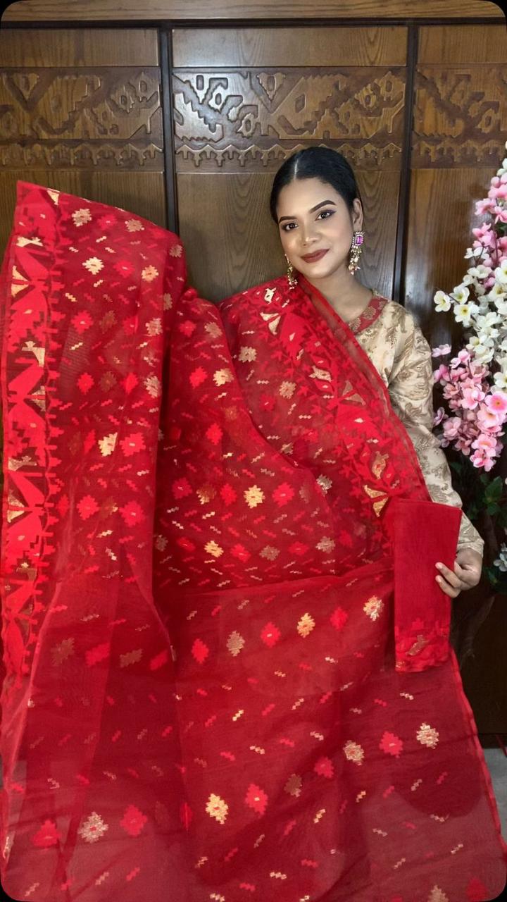 Red Jamdani Saree 60/80 Mixed Count