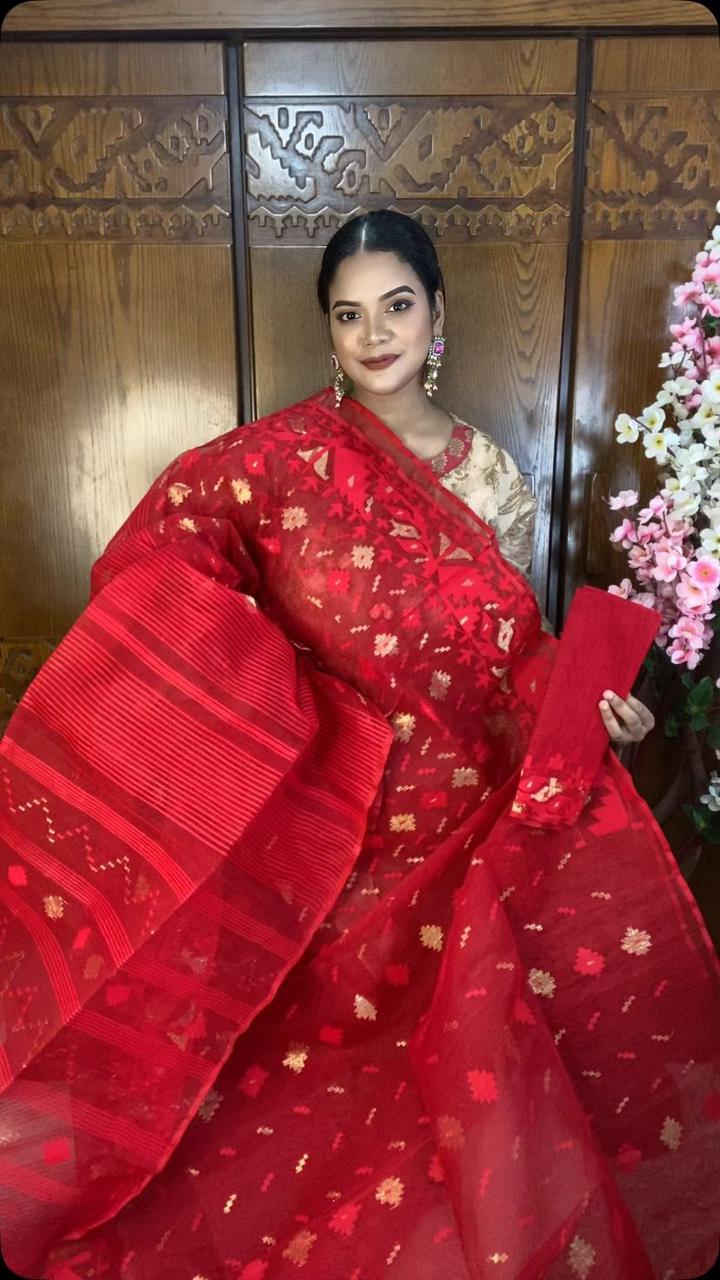 Red Jamdani Saree 60/80 Mixed Count