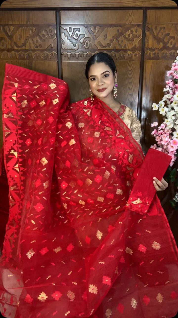 Red Jamdani Saree 60/80 Mixed Count