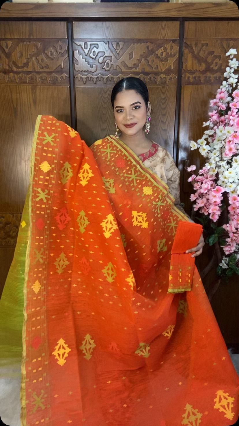 Orange Jamdani Saree 60/80 Mixed Count