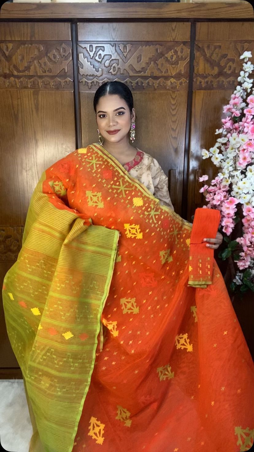 Orange Jamdani Saree 60/80 Mixed Count