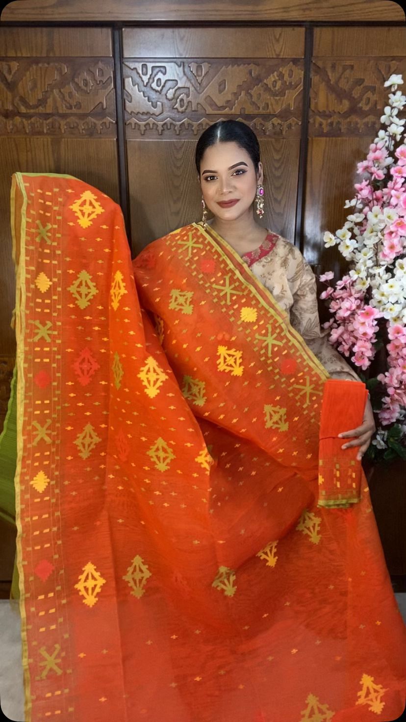 Orange Jamdani Saree 60/80 Mixed Count