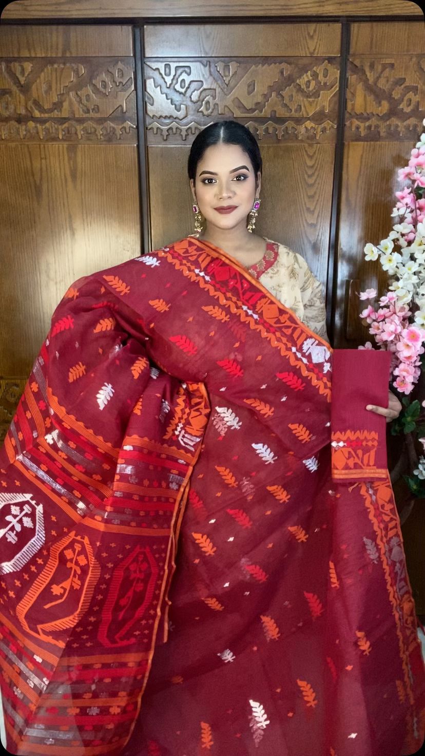 Wine Red Jamdani Saree 80 Count