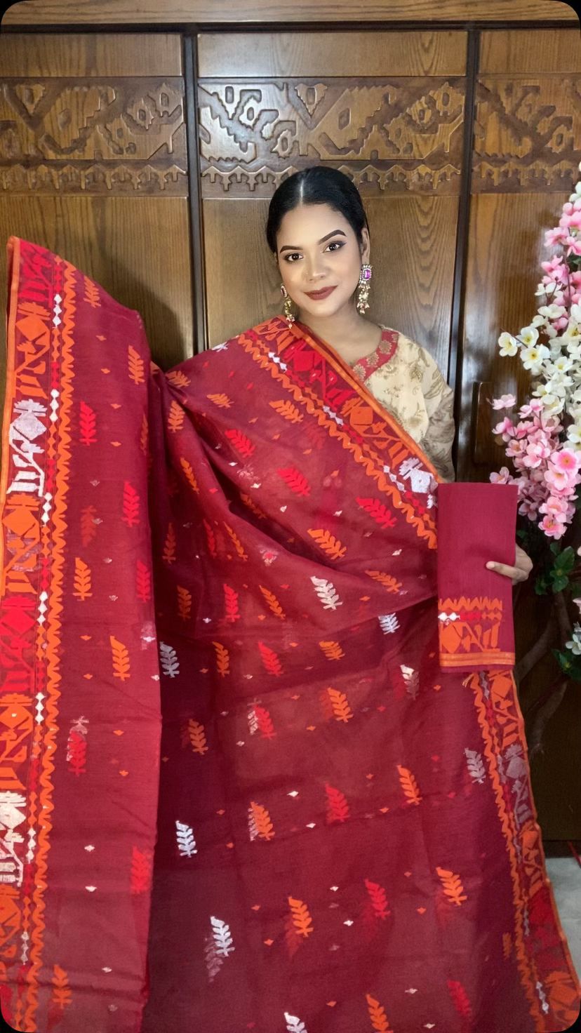Wine Red Jamdani Saree 80 Count