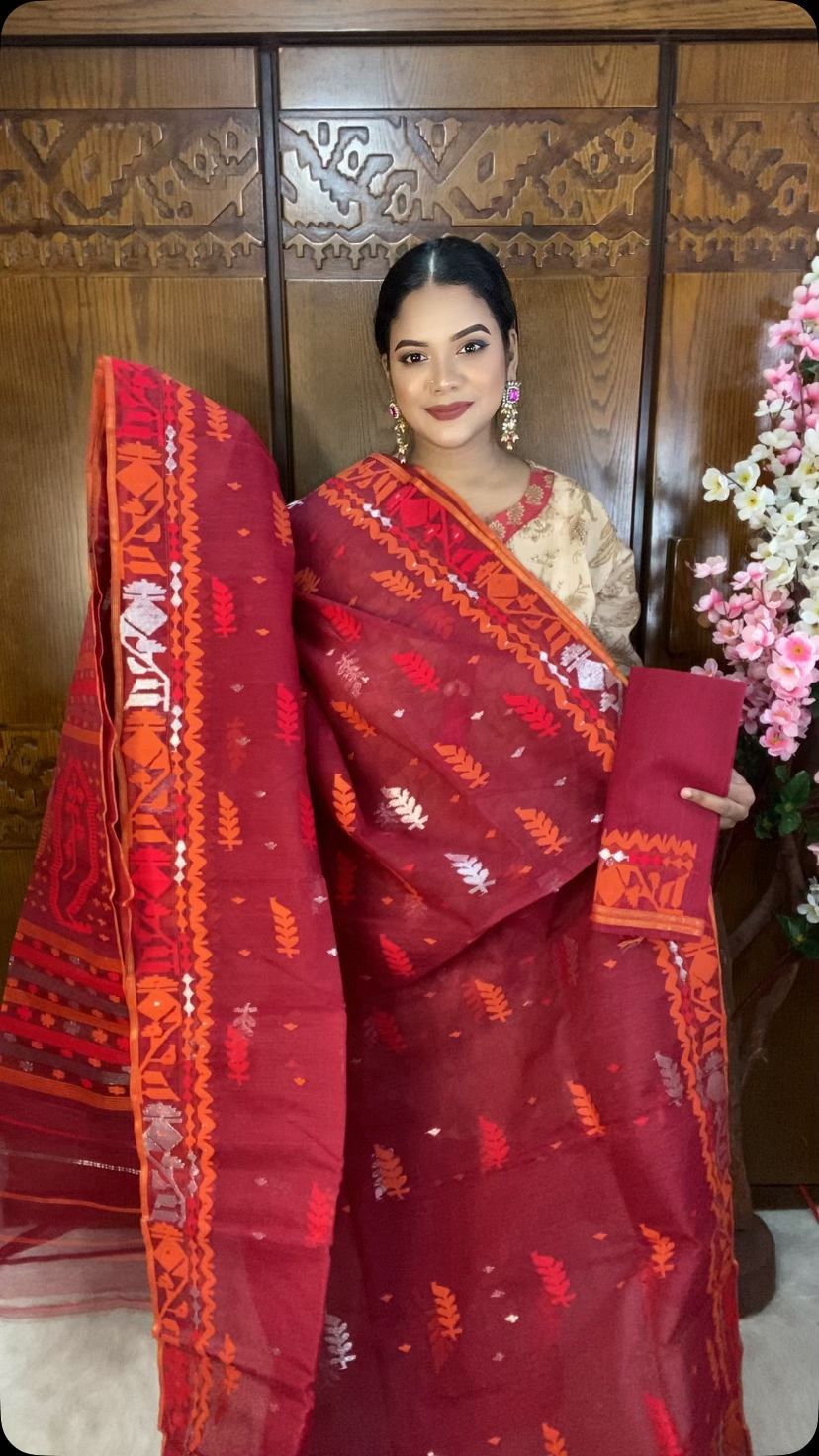 Wine Red Jamdani Saree 80 Count