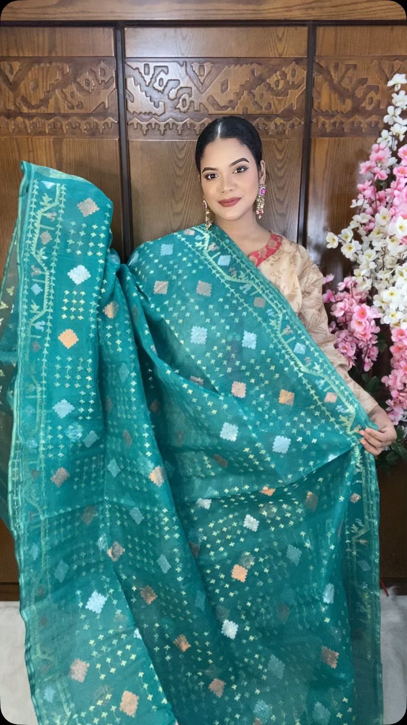 Sea Green Jamdani Saree 80 count