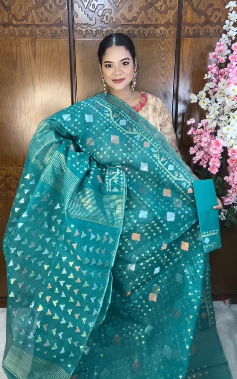 Sea Green Jamdani Saree 80 count