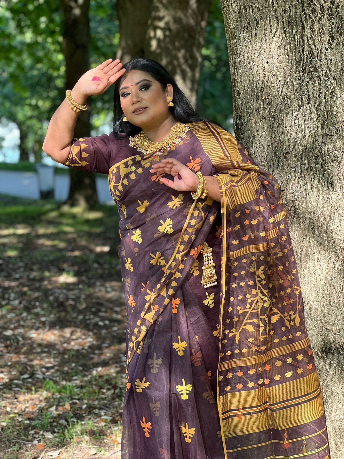 Burgundy Jamdani Saree 80 Count