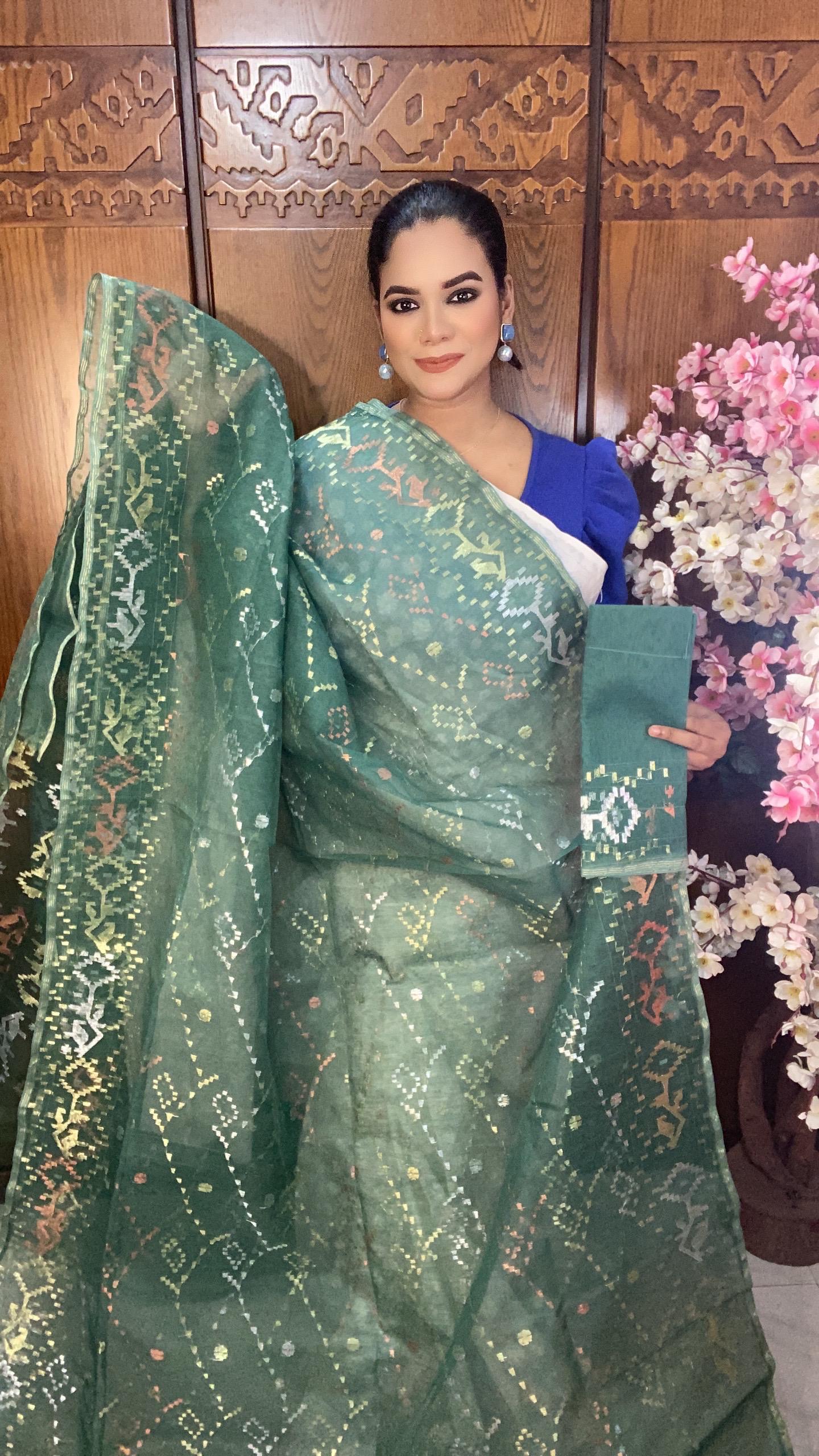 Deep Forest Green Jamdani Saree 80 Count