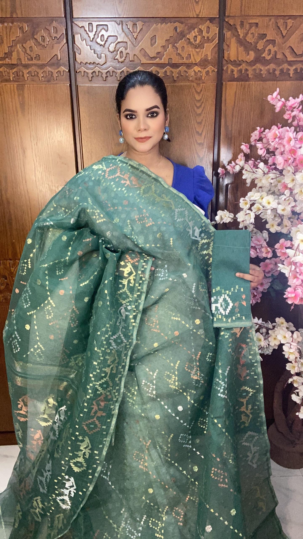 Deep Forest Green Jamdani Saree 80 Count