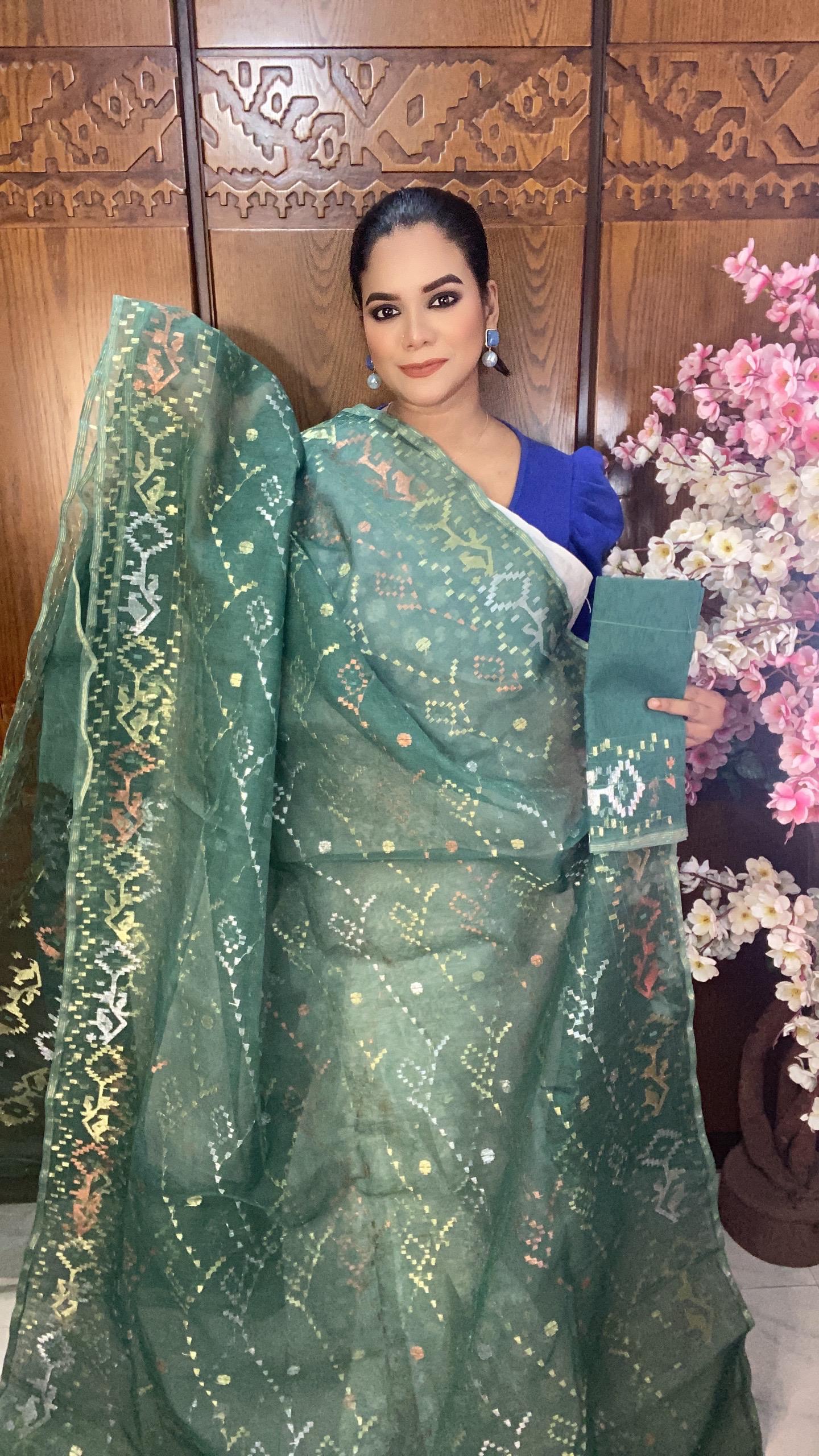 Deep Forest Green Jamdani Saree 80 Count