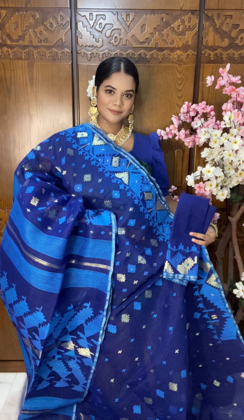Royal Blue Jamdani Saree 60/80 Mixed Count