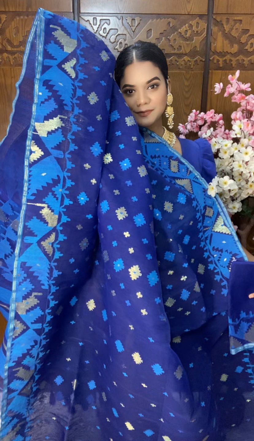 Royal Blue Jamdani Saree 60/80 Mixed Count