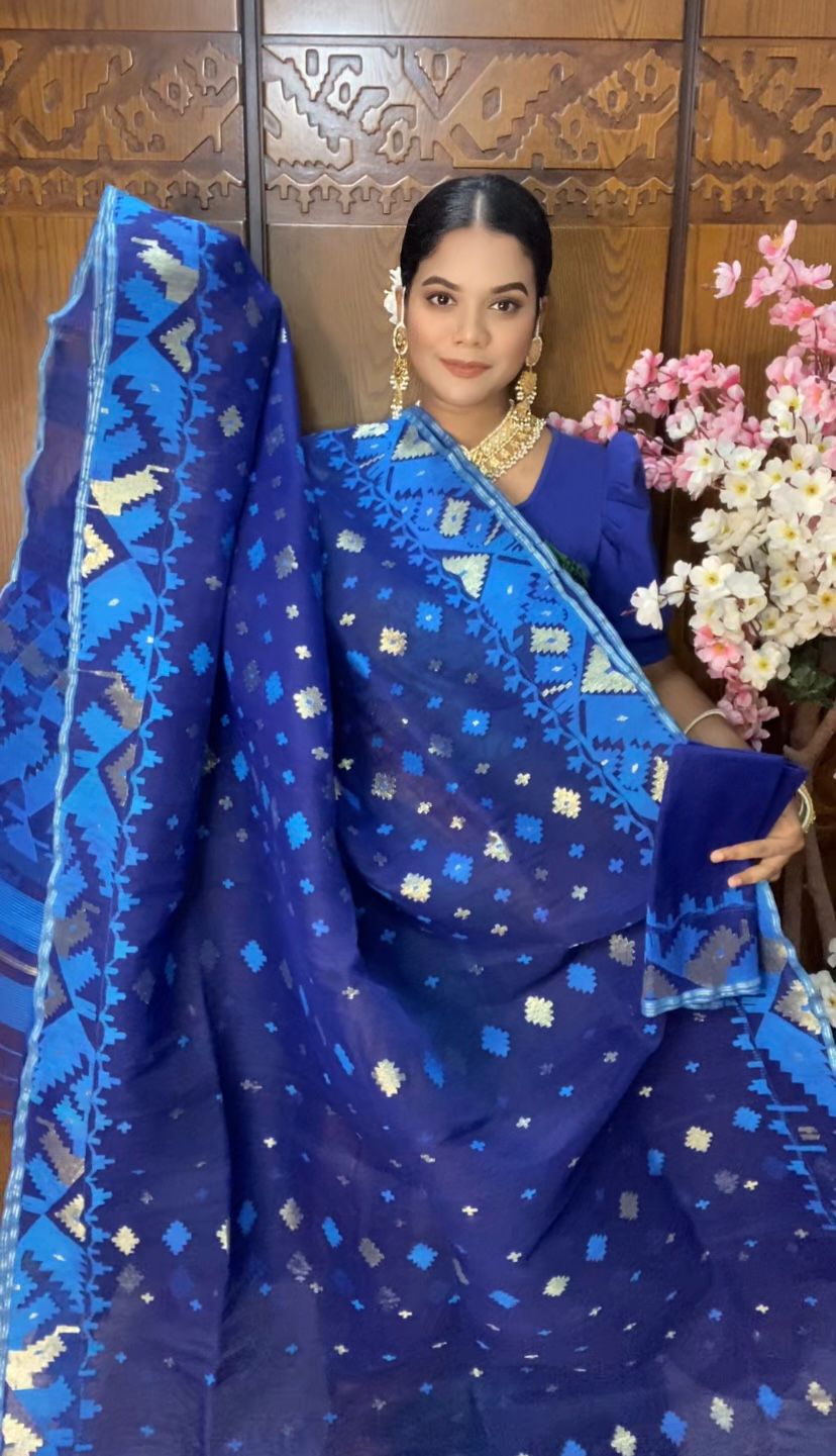 Royal Blue Jamdani Saree 60/80 Mixed Count