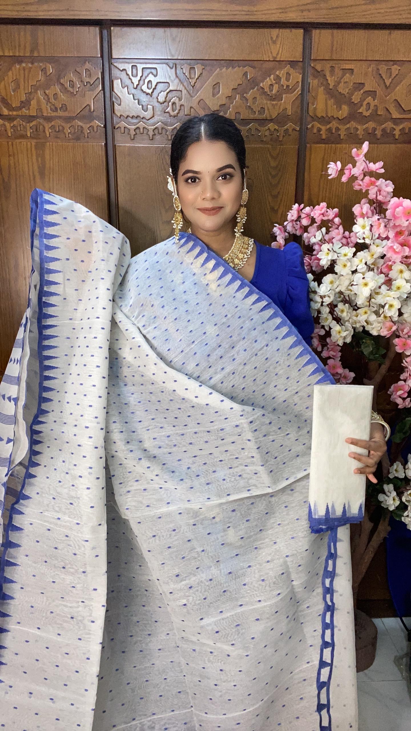 White Blue Jamdani Saree 60/80 Mixed Count