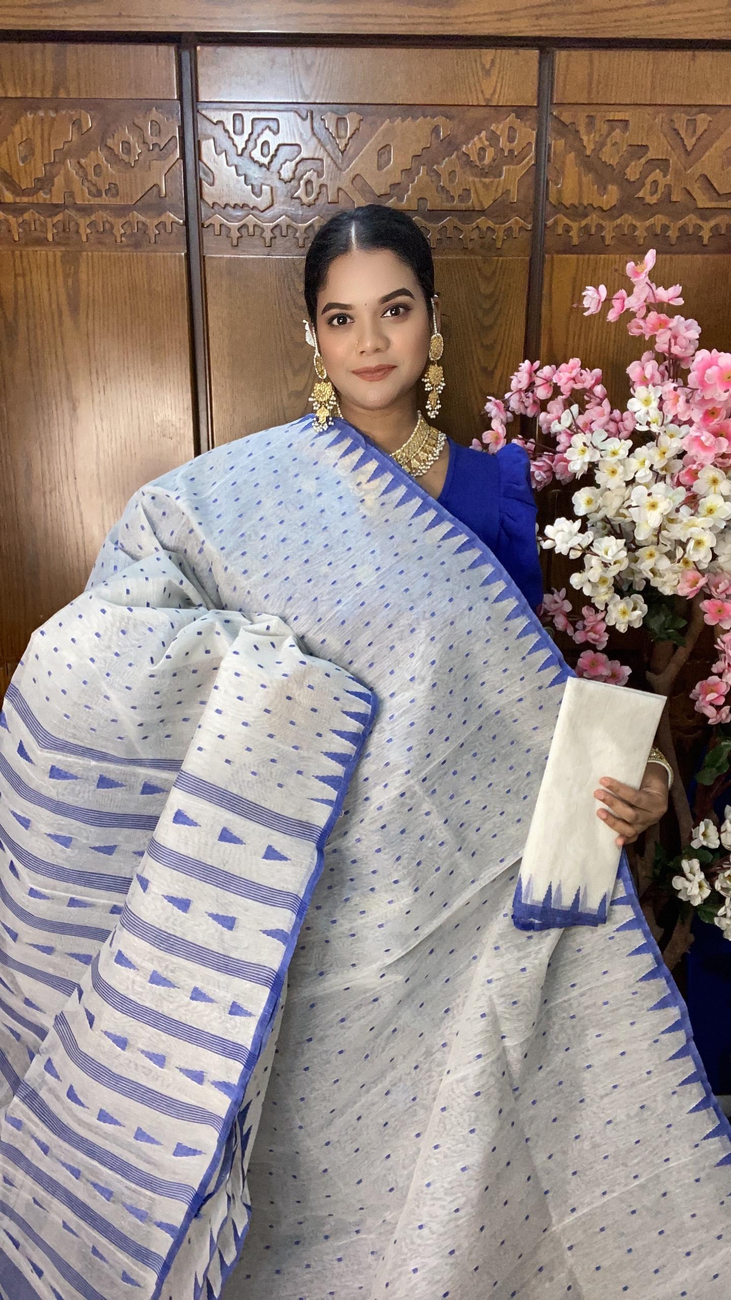 White Blue Jamdani Saree 60/80 Mixed Count