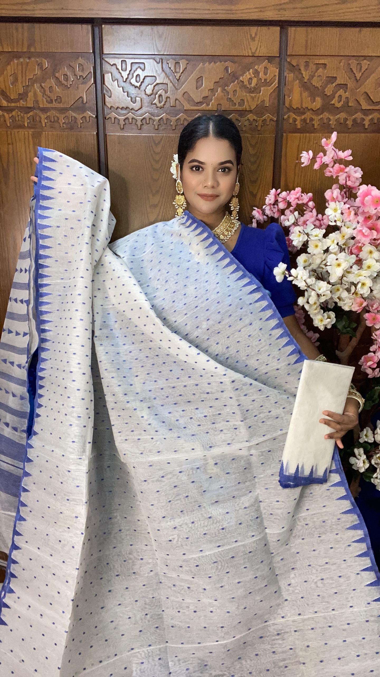 White Blue Jamdani Saree 60/80 Mixed Count